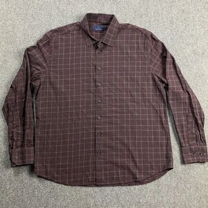 Toscano Shirt Men's Extra Large Maroon Button Up Window Pane Check 100% Cotton